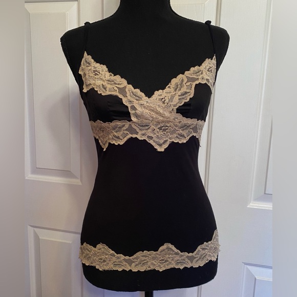 MNG Sexy Black Camisole Ivory Lace Trim Tank - Picture 2 of 8